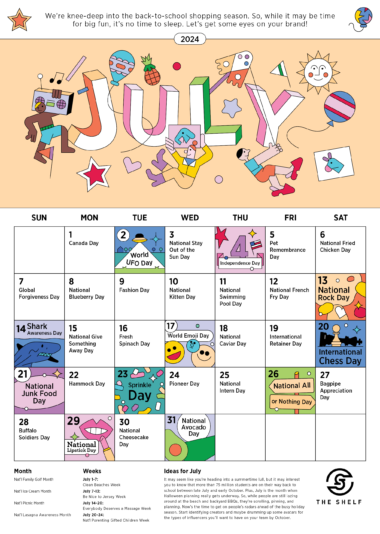 July 2024 Social Media Calendar • The Shelf Influencer Marketing