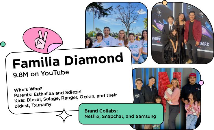 3 screenshots of the Familia Diamond influencers with the text: Who’s Who? 
Parents: Esthallaa and Sdiezel
Kids: Diezel, Solage, Ranger, Ocean, and their oldest, Txunamy

Brand Collabs: Netflix, Snapchat, and Samsung
