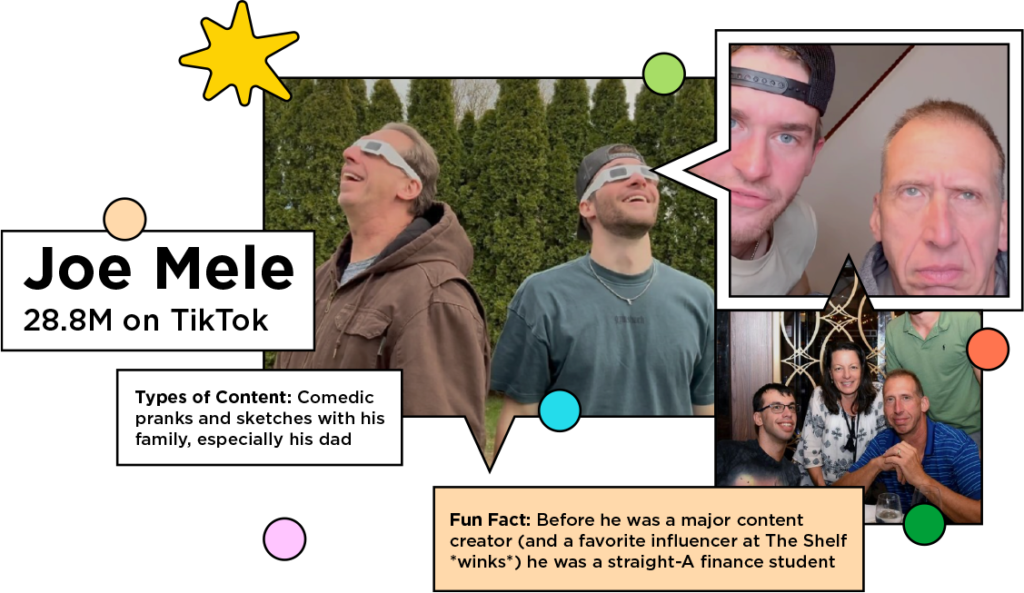 Screenshots of funny influencer Joe Mele and his dad with the text: Types of Content: Comedic pranks and sketches with his family, especially his dad; Fun Fact: Before he was a major content creator (and a favorite influencer at The Shelf *winks*) he was a straight-A finance student