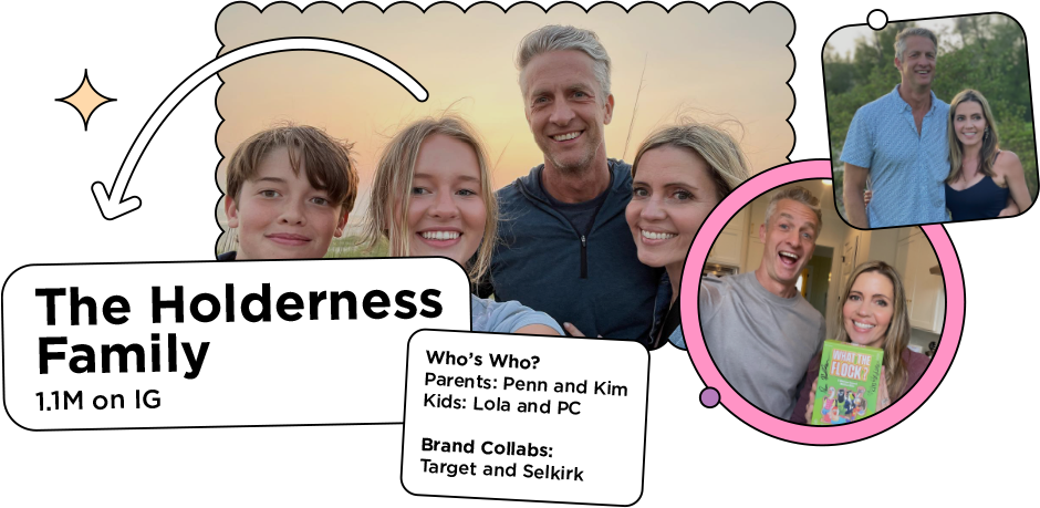 3 screenshots of The Holderness Family influencers with the text: 
Who’s Who? 
Parents: Penn and Kim
Kids: Lola and PC

Brand Collabs: Target and Selkirk 