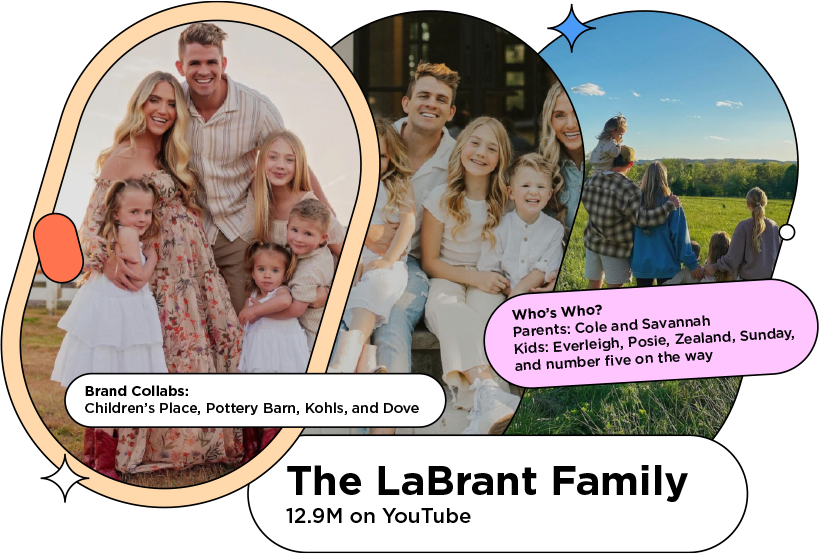 3 screenshots of The Labrant family influencers with the text: 

Who’s Who? 
Parents: Cole and Savannah
Kids: Everleigh, Posie, Zealand, Sunday, and number five on the way

Brand Collabs:  Children’s Place, Pottery Barn, Kohls, and Dove