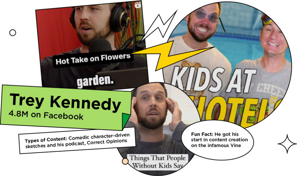 Screenshots of funny influencer Tey Kennedy with the text: Types of Content: Comedic, character-driven sketches and his podcast, Correct Opinions