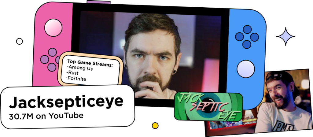 Screenshots of gaming influencer Jacksepticeye with the text: Top Game Streams:
Among Us
Rust
Fortnite
