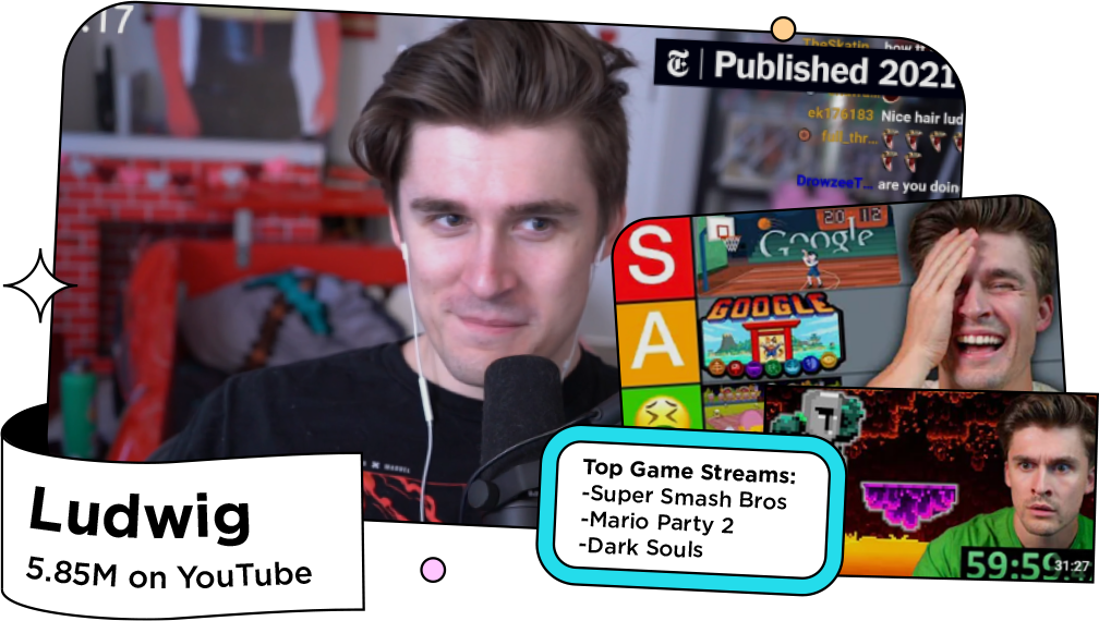 Screenshots of the gaming influencer Ludwig with the text: Top Game Streams:
Super Smash Bros
Mario Party 2
Dark Souls
