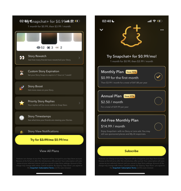 Screenshots of Snapchat+ features and payment options