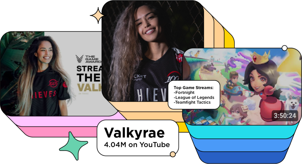 Screenshots of the gaming influencer Valkyrae with the text: Top Game Streams: 
Fortnight
League of Legends
Teamfight Tactics
