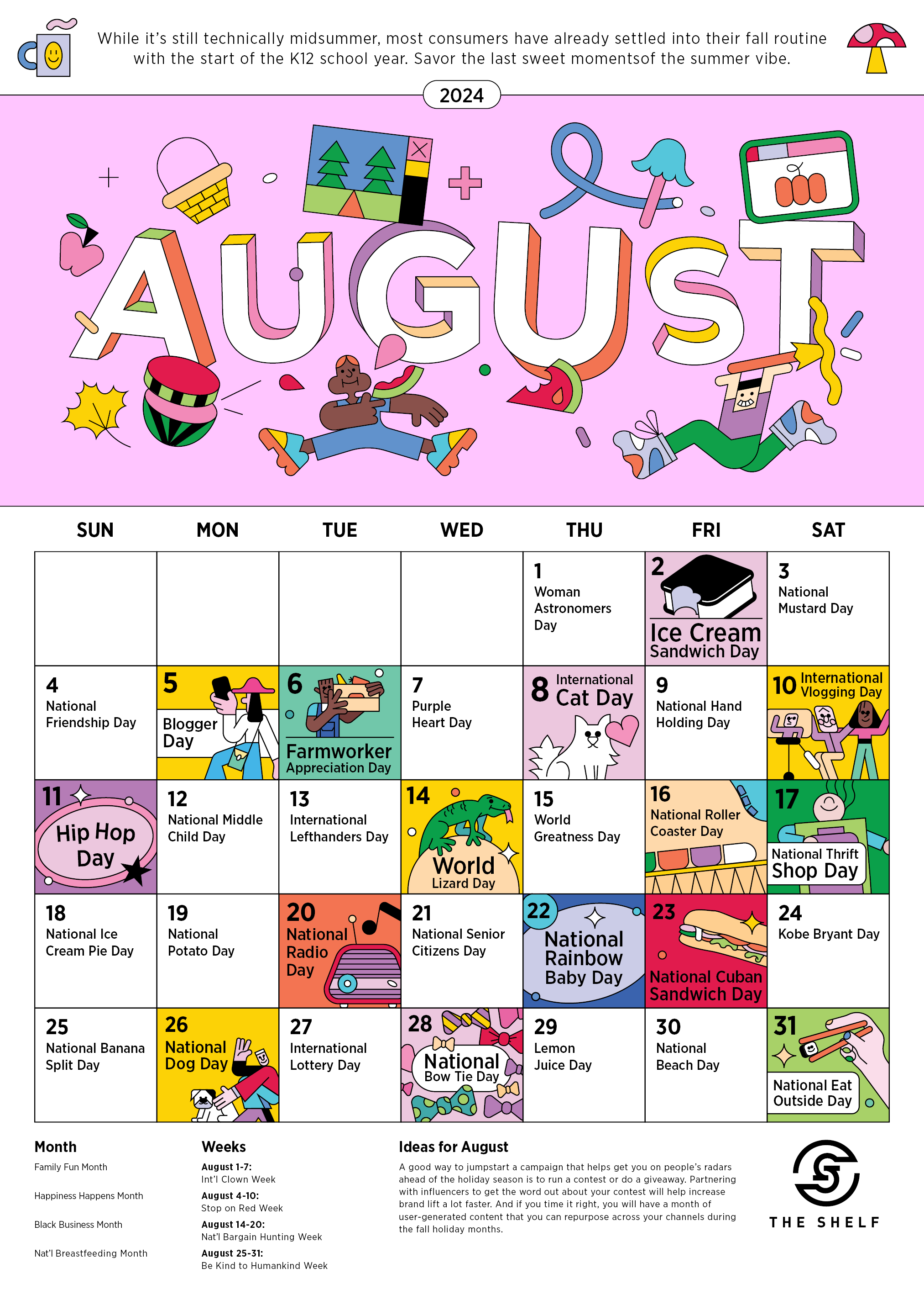 August 2024 Social Media Calendar with labeled dates and coordinating graphics