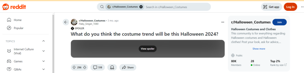 Screenshot of a Halloween Costumes Reddit